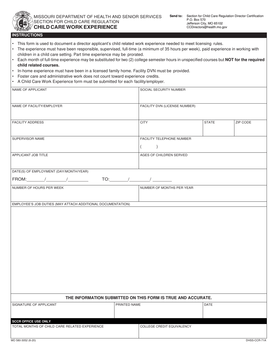 Form MO580-3052 Child Care Work Experience - Missouri, Page 1