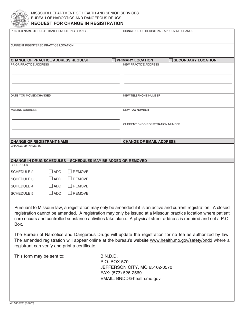 Form MO580-2768 Request for Change in Registration - Missouri, Page 1