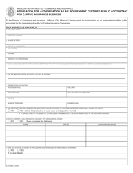 Document preview: Form MO375-0596 Application for Authorization as an Independent Certified Public Accountant for Captive Insurance Business - Missouri