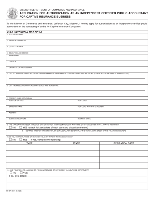 Form MO375-0596 Application for Authorization as an Independent Certified Public Accountant for Captive Insurance Business - Missouri