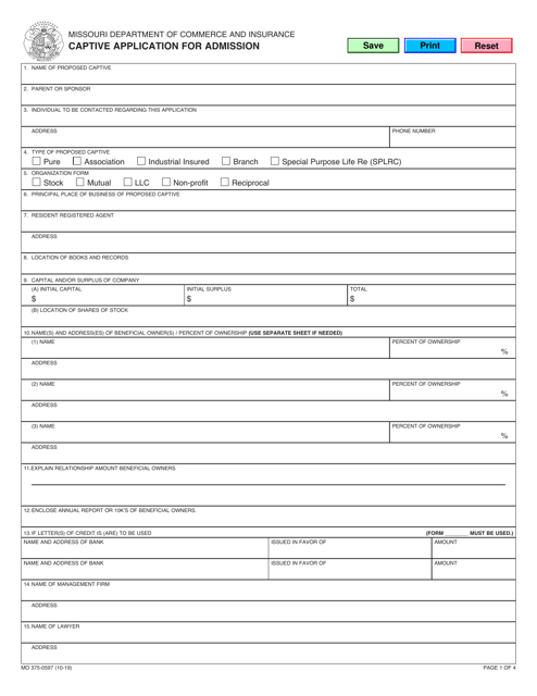 Form MO375-0597 Captive Application for Admission - Missouri