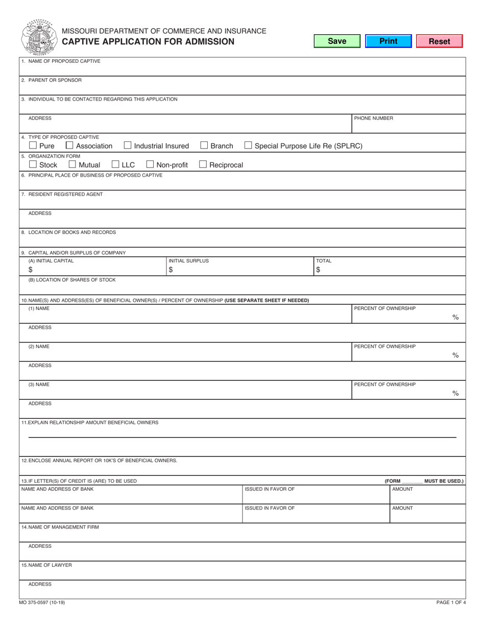 Form MO375-0597 Captive Application for Admission - Missouri, Page 1