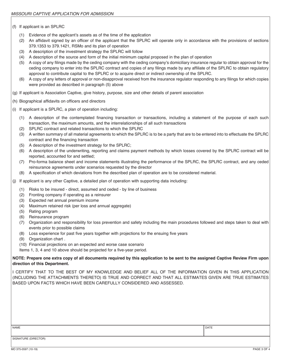Form MO375-0597 Captive Application for Admission - Missouri, Page 3