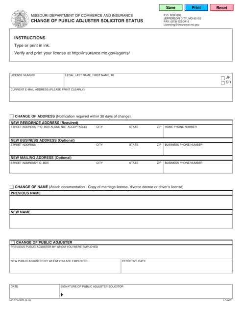 Form MO375-0070 Change of Public Adjuster Solicitor Status - Missouri