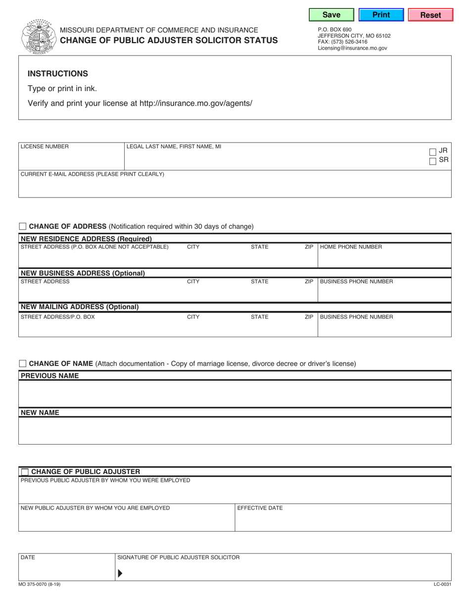 Form MO375-0070 Change of Public Adjuster Solicitor Status - Missouri, Page 1