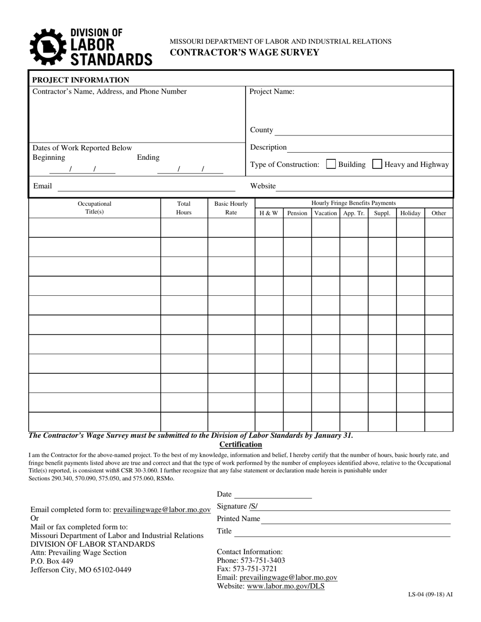 Form LS-04 Contractors Wage Survey - Missouri, Page 1