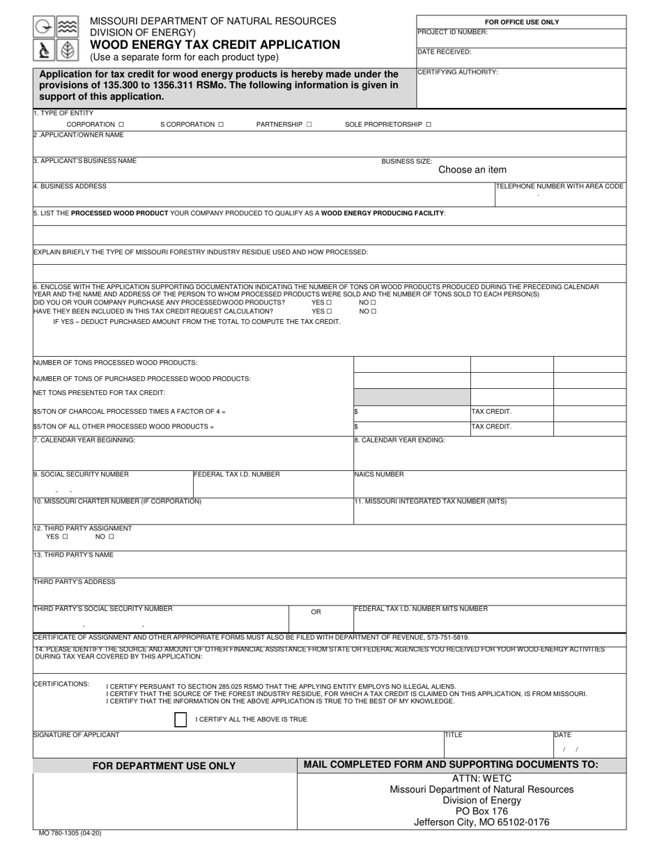 Form MO780-1305 Wood Energy Tax Credit Application - Missouri, Page 1