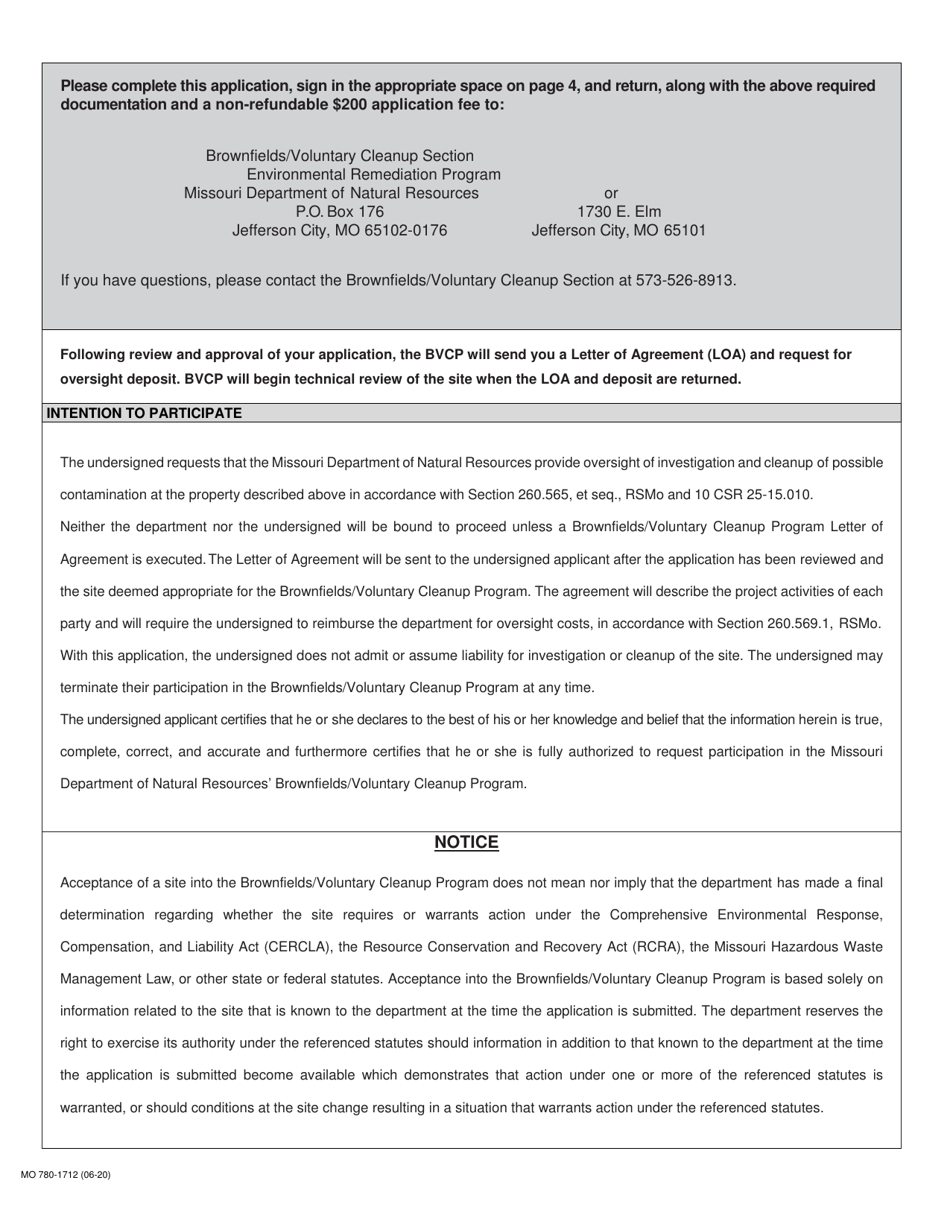 Form MO780-1712 Brownfields / Voluntary Cleanup Program (Bvcp) Application - Missouri, Page 3
