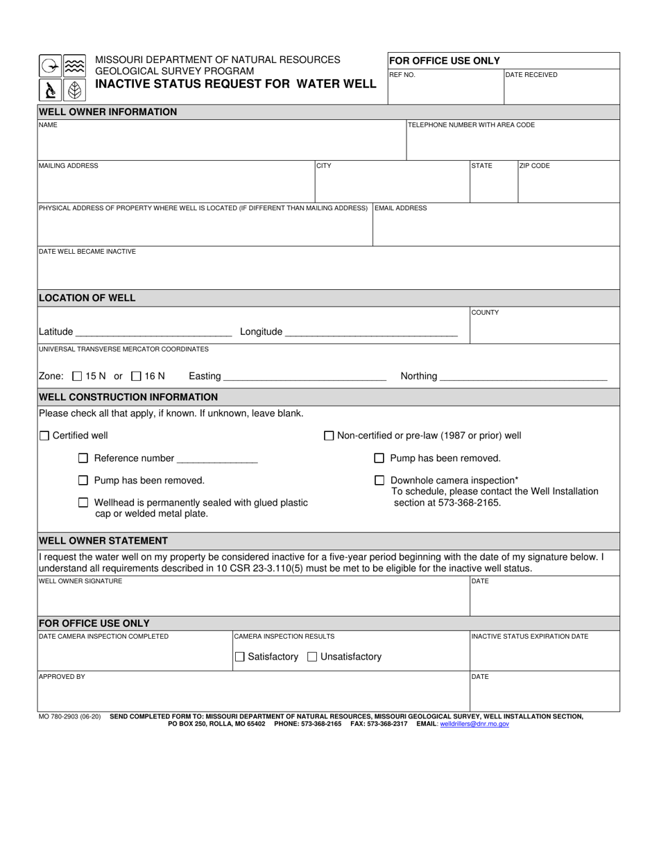 Form MO780-2903 Inactive Status Request for Water Well - Missouri, Page 1