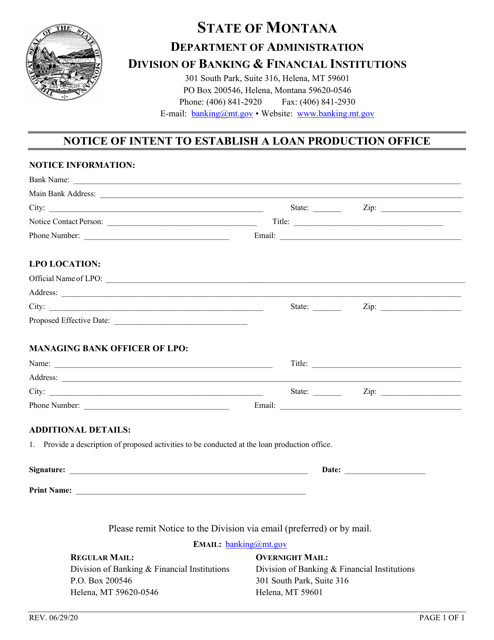 Notice of Intent to Establish a Loan Production Office - Montana Download Pdf