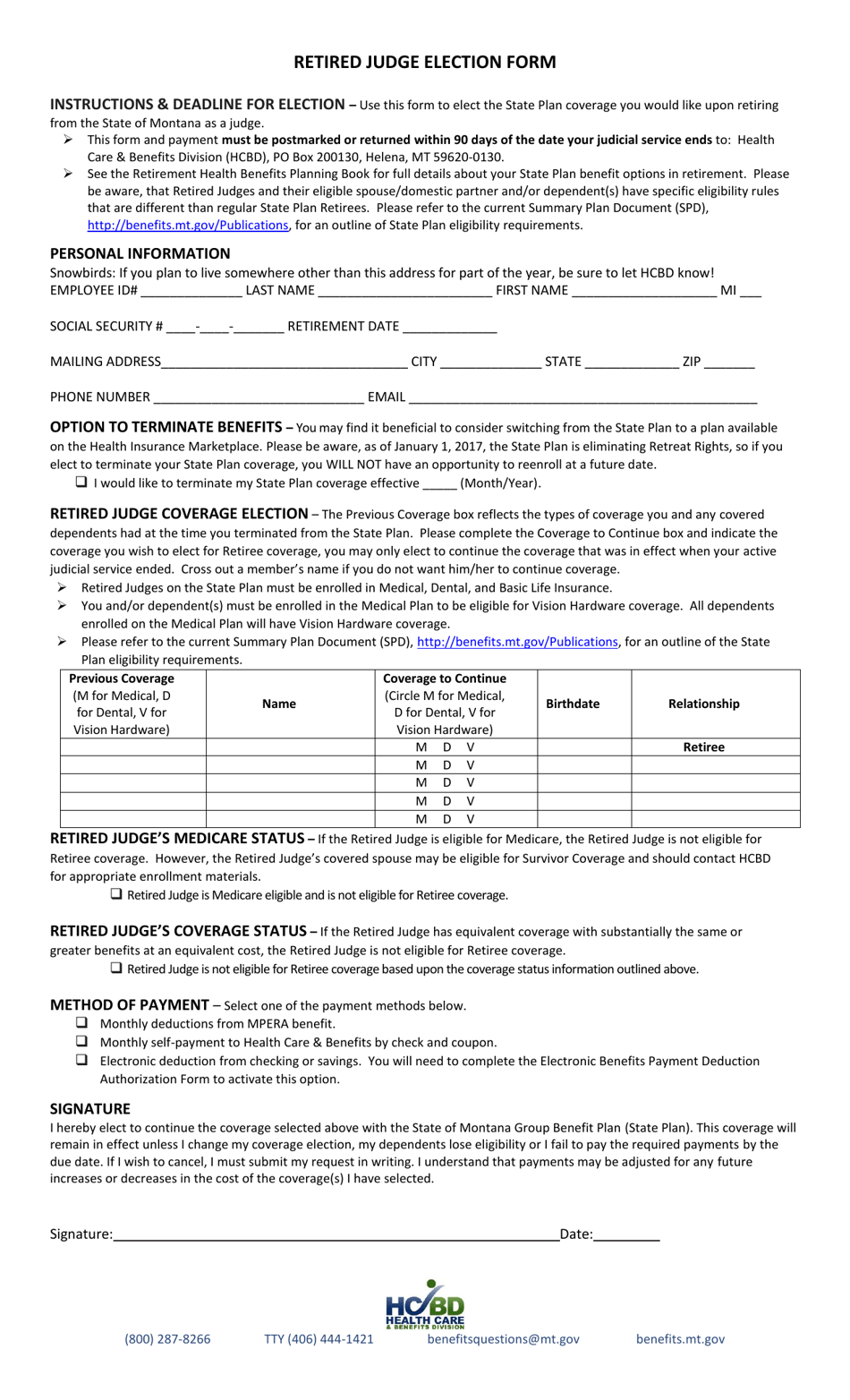 Retired Judge Election Form - Montana, Page 1
