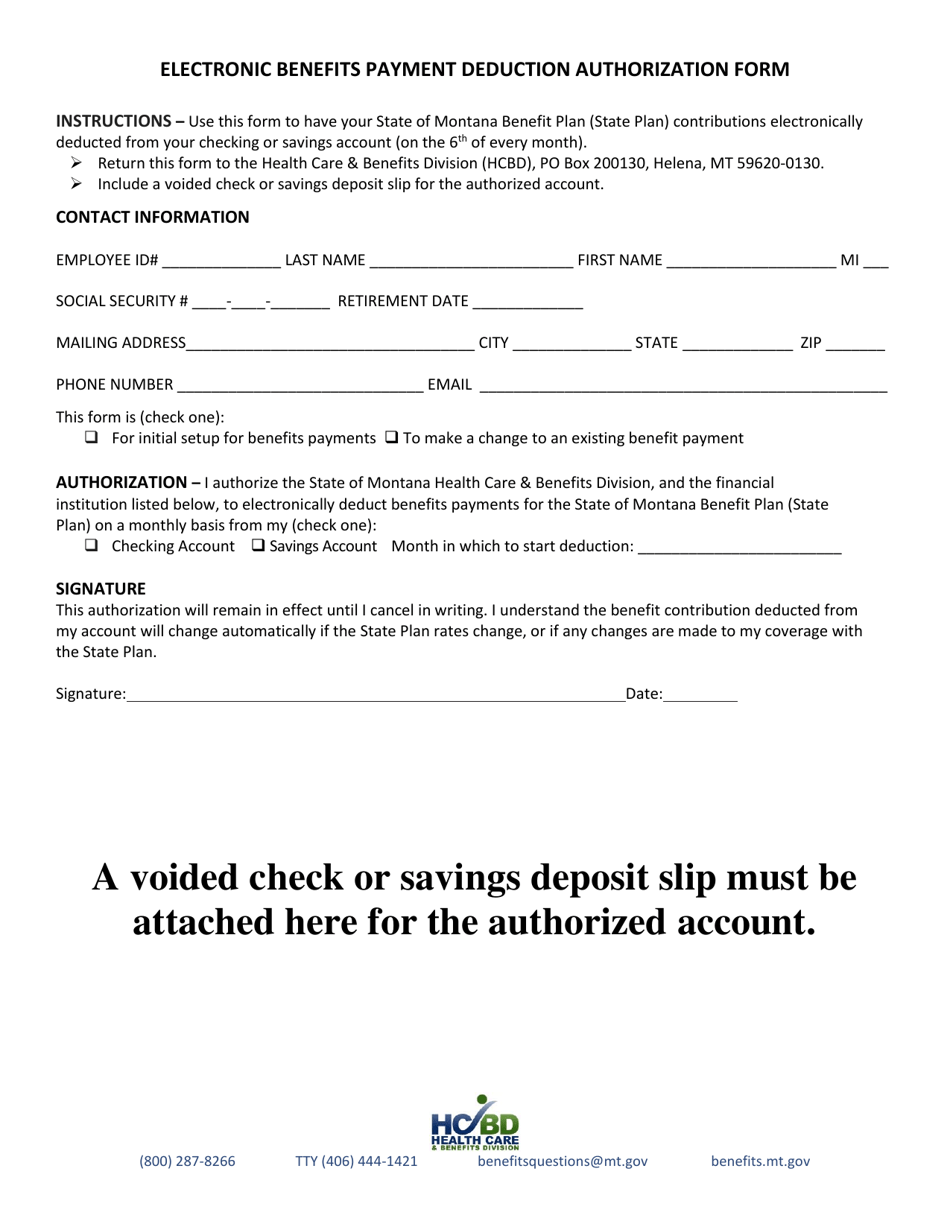 Electronic Benefits Payment Deduction Authorization Form - Montana, Page 1