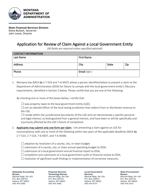 Application for Review of Claim Against a Local Government Entity - Montana Download Pdf