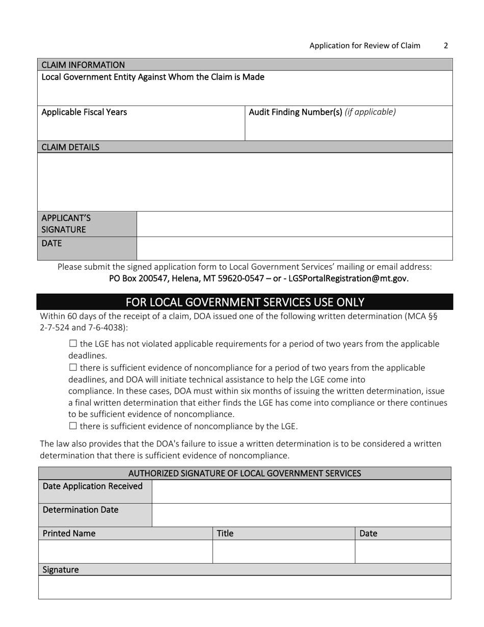Montana Application for Review of Claim Against a Local Government
