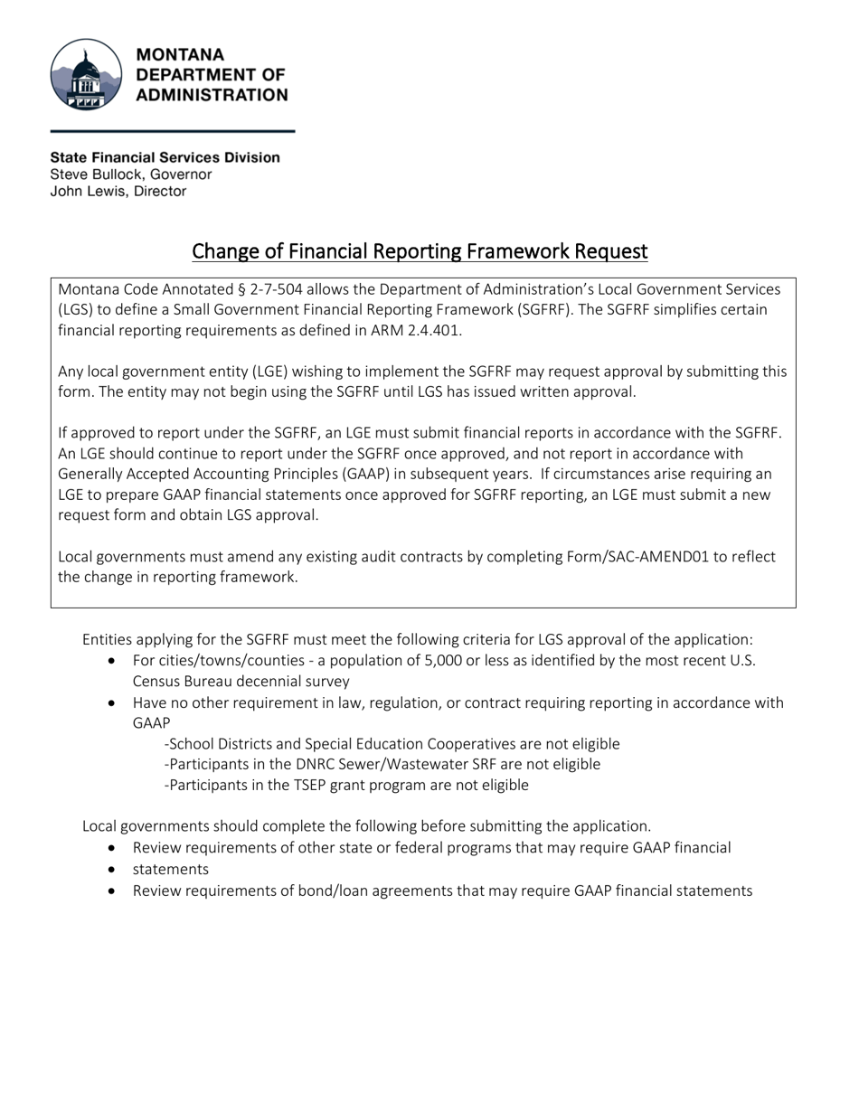 Change of Financial Reporting Framework Request - Montana, Page 1