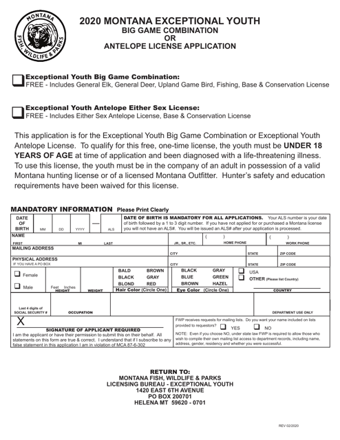 Montana Exceptional Youth Big Game Combination or Antelope License Application - Montana, 2020