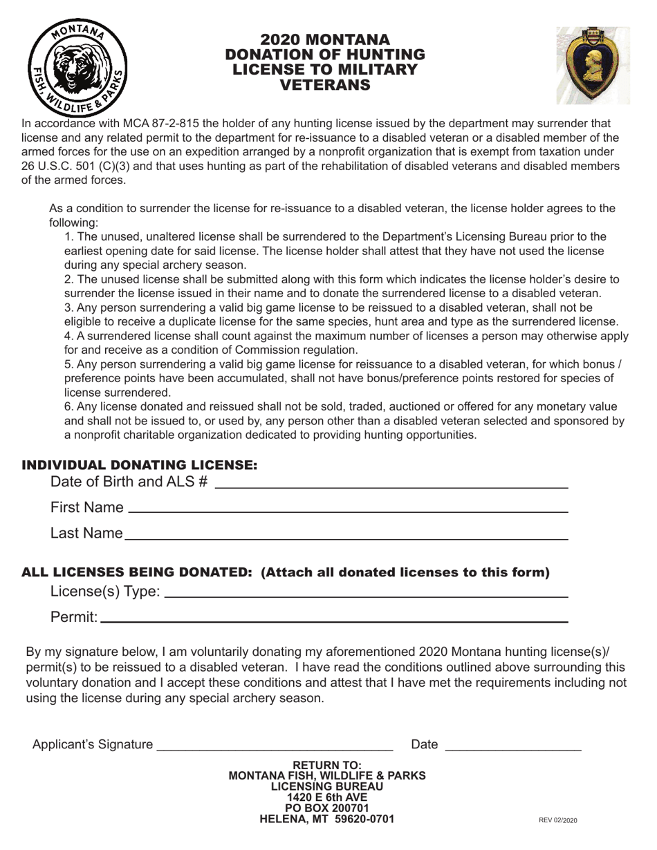 2020 Montana Montana Donation of Hunting License to Military Veterans