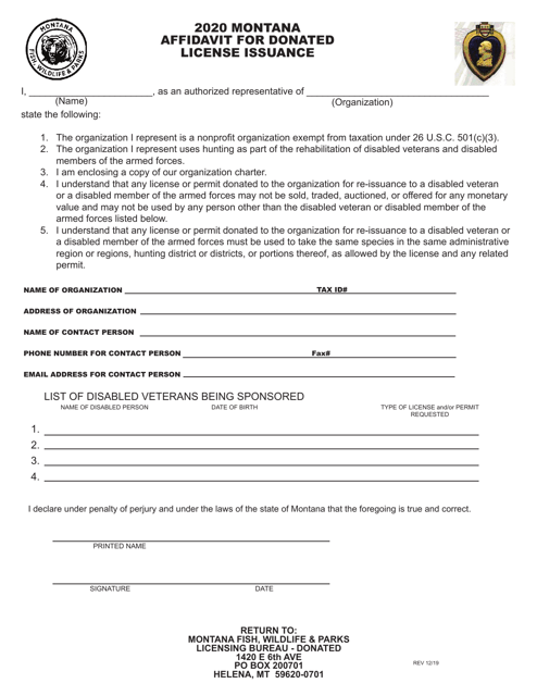 Montana Affidavit for Donated License Issuance - Montana Download Pdf