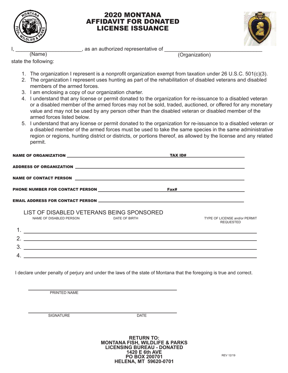 Montana Affidavit for Donated License Issuance - Montana, Page 1