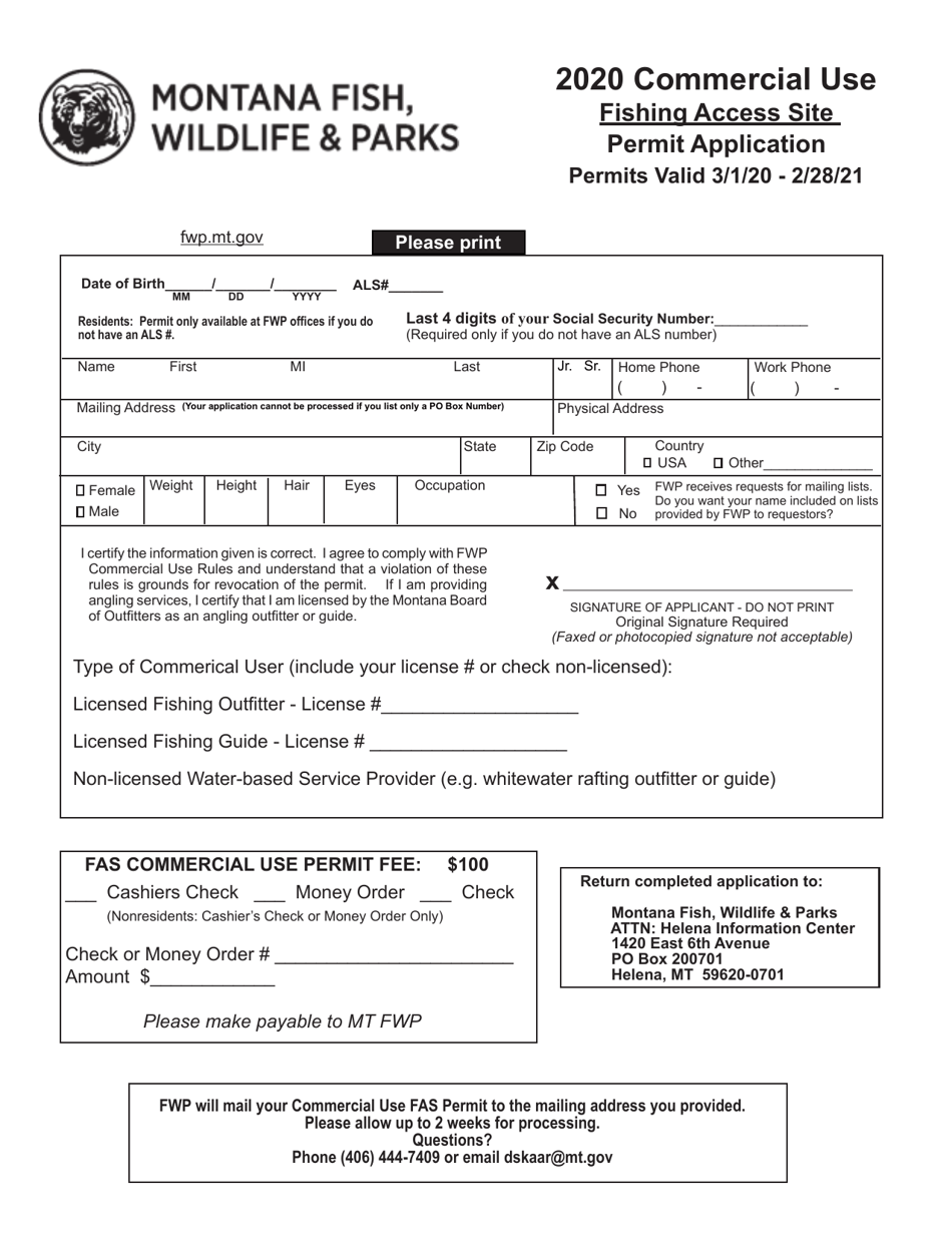 Commercial Use Fishing Access Site Permit Application - Montana, Page 1