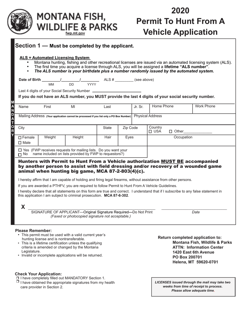 Permit to Hunt From a Vehicle Application - Montana, Page 1