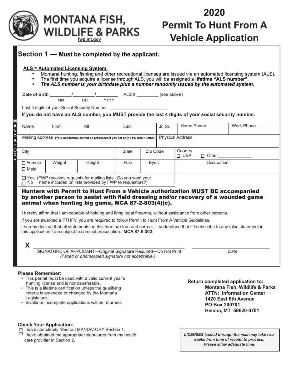 2020 Montana Permit to Hunt From a Vehicle Application Fill Out, Sign