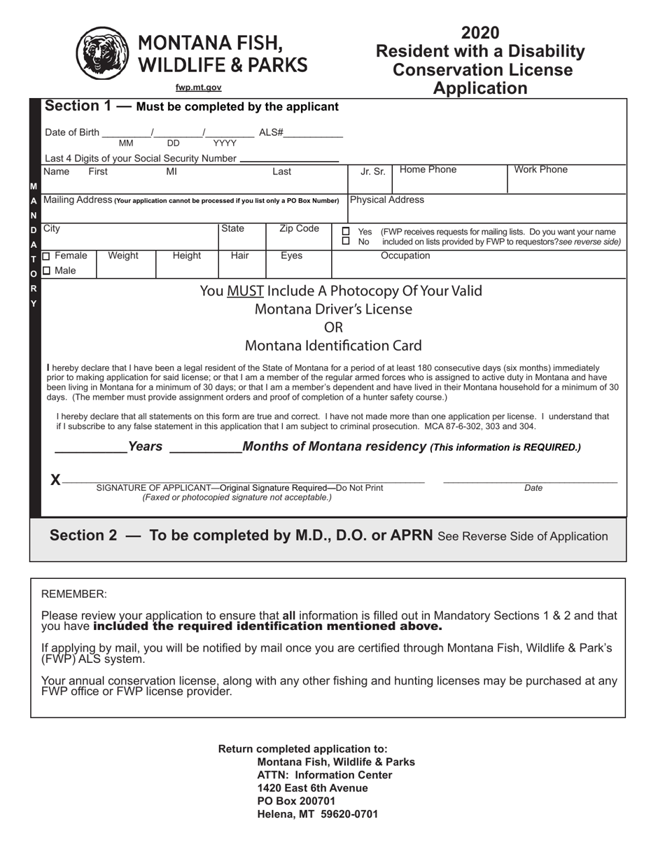 2020 Montana Resident With a Disability Conservation License Application Download Printable PDF