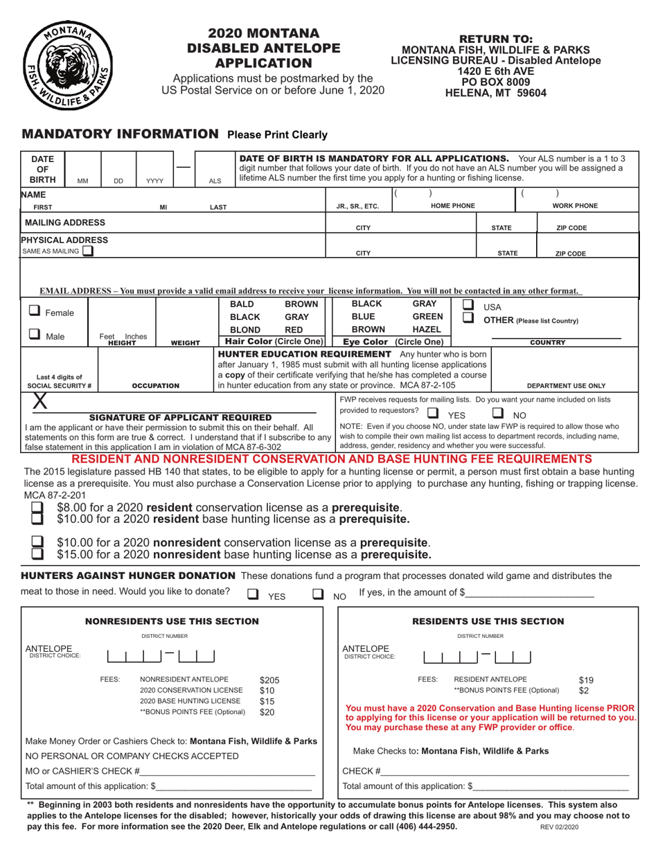 2020 Montana Montana Disabled Antelope Application - Fill Out, Sign ...