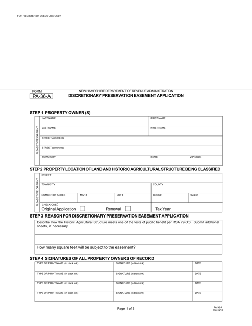 Form PA-36-A Discretionary Preservation Easement Application - New Hampshire