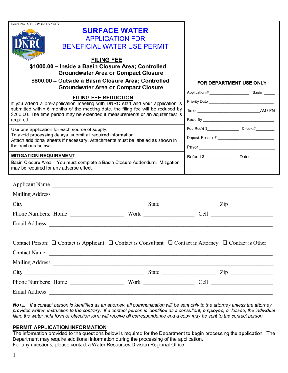 Form 600 SW Download Fillable PDF or Fill Online Surface Water
