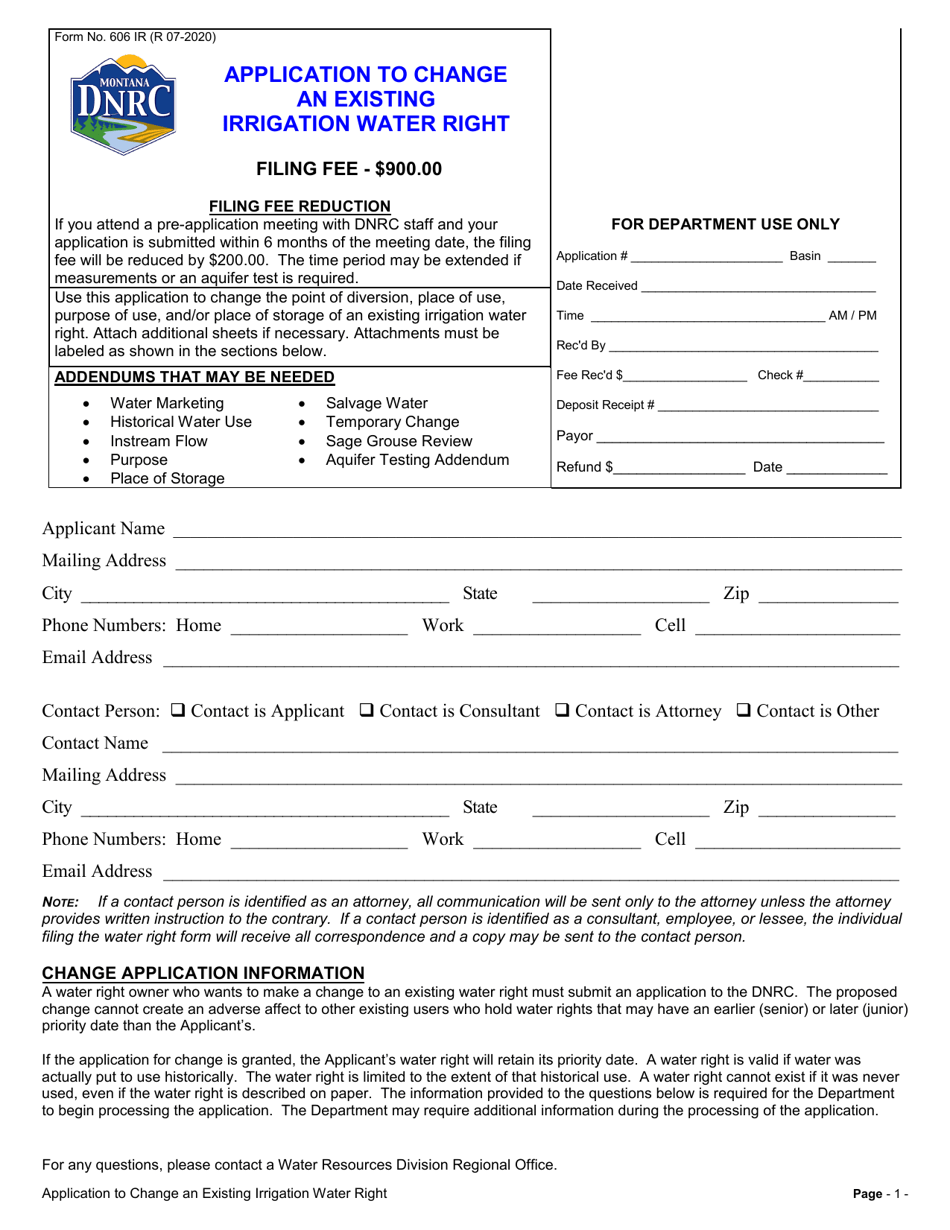 Form 606 IR Application to Change an Existing Irrigation Water Right - Montana, Page 1