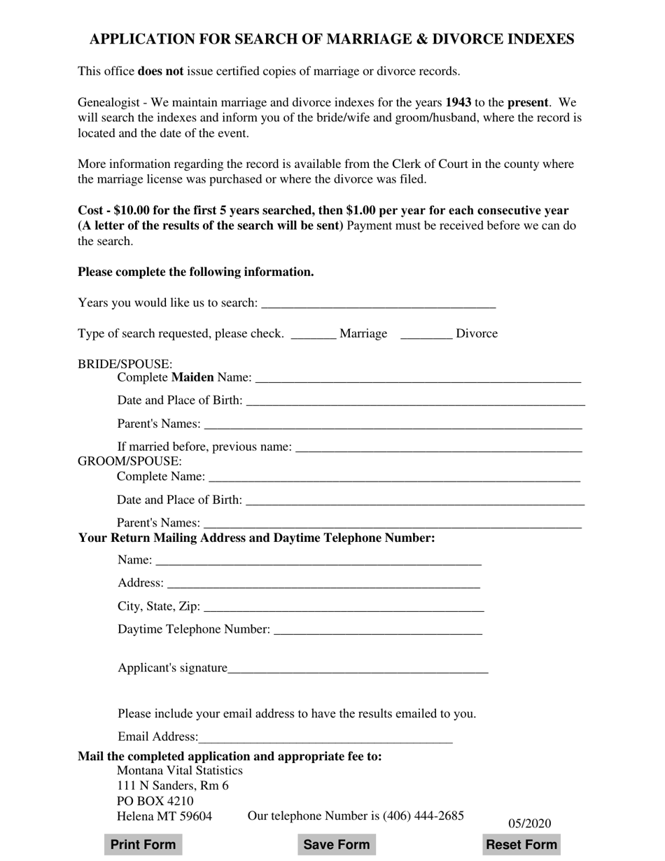 Application for Search of Marriage  Divorce Indexes - Montana, Page 1