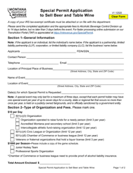 Document preview: Special Permit Application to Sell Beer and Table Wine - Montana