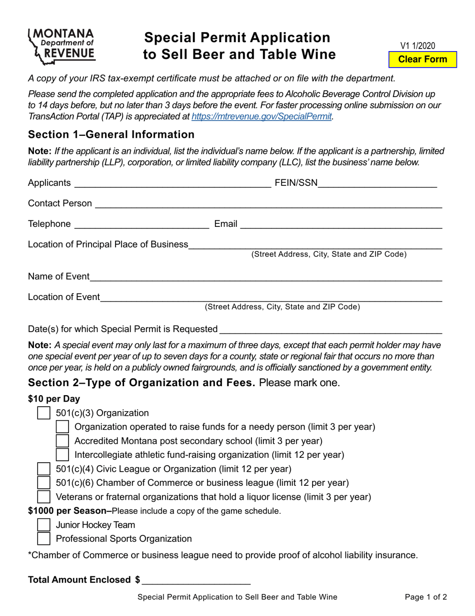 Montana Special Permit Application to Sell Beer and Table Wine Fill