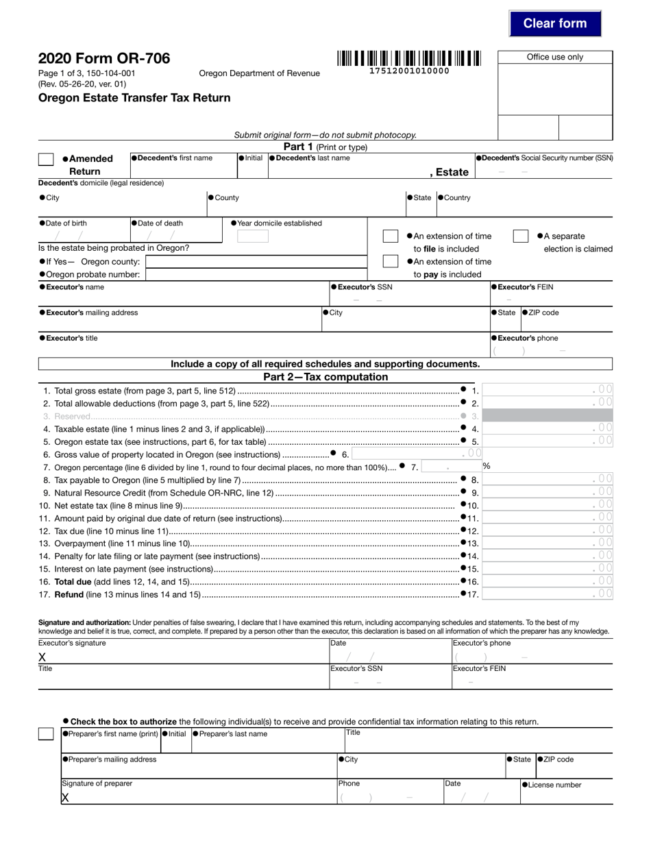 Form OR-706 (150-104-001) Oregon Estate Transfer Tax Return - Oregon, Page 1