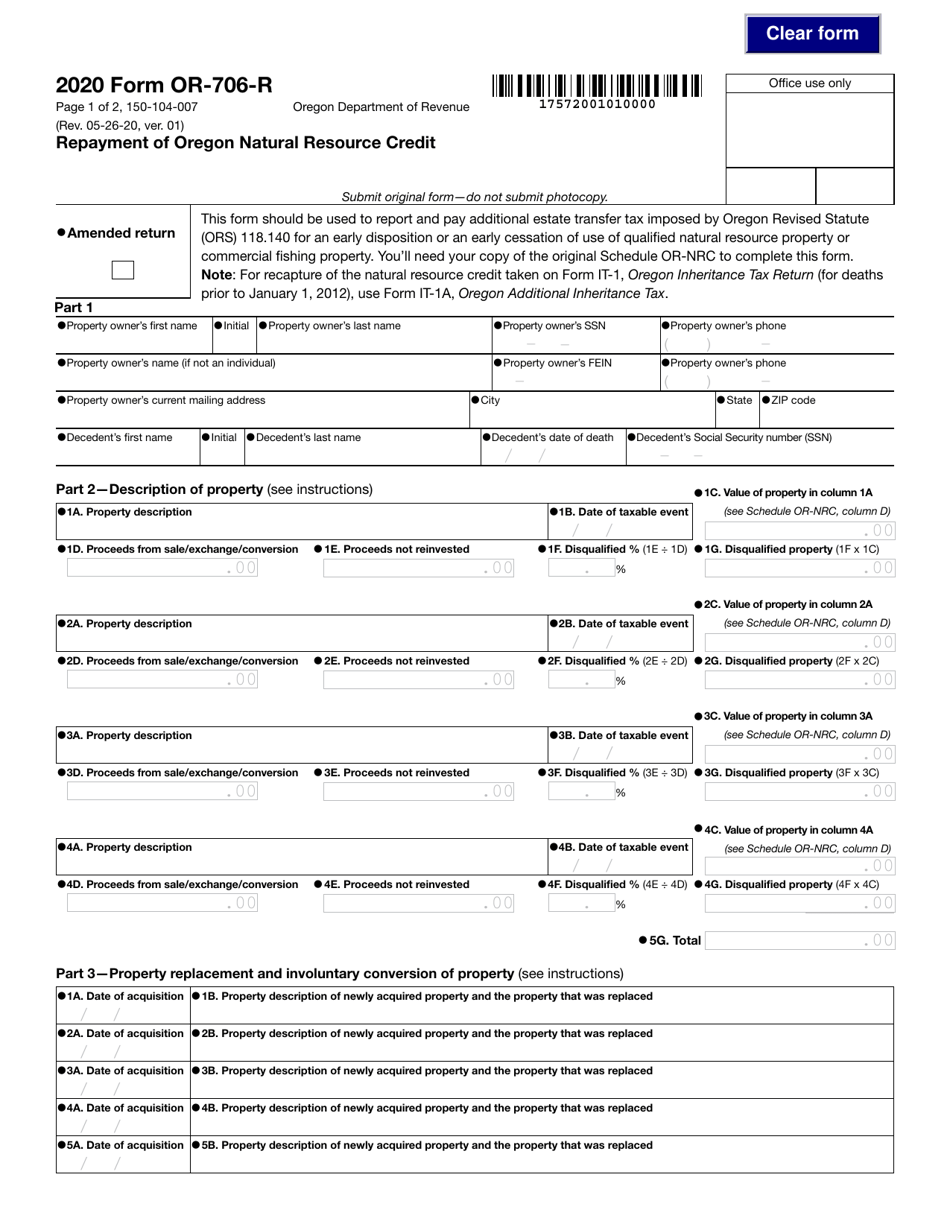 Form OR-706-R (150-104-007) Repayment of Oregon Natural Resource Credit - Oregon, Page 1