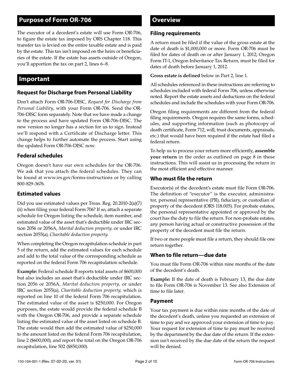 Instructions for Form OR-706, 150-104-001 Oregon Estate Transfer Tax Return - Oregon, Page 2