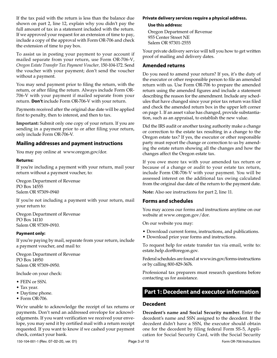 Instructions for Form OR-706, 150-104-001 Oregon Estate Transfer Tax Return - Oregon, Page 3