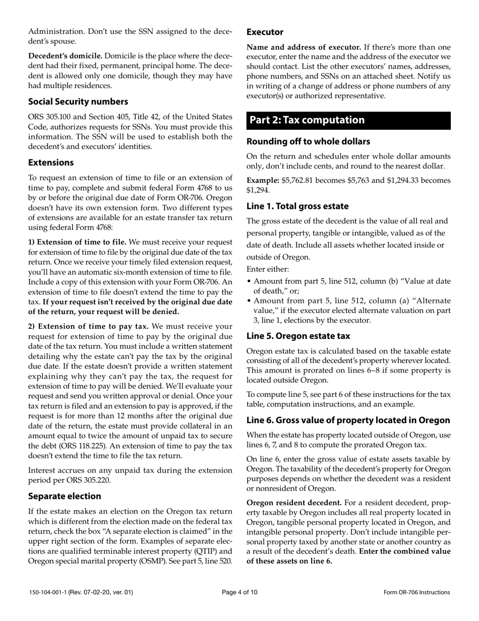 Instructions for Form OR-706, 150-104-001 Oregon Estate Transfer Tax Return - Oregon, Page 4