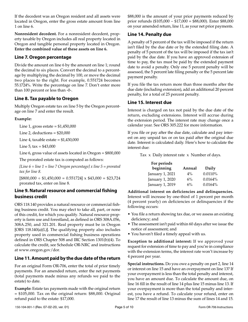 Instructions for Form OR-706, 150-104-001 Oregon Estate Transfer Tax Return - Oregon, Page 5