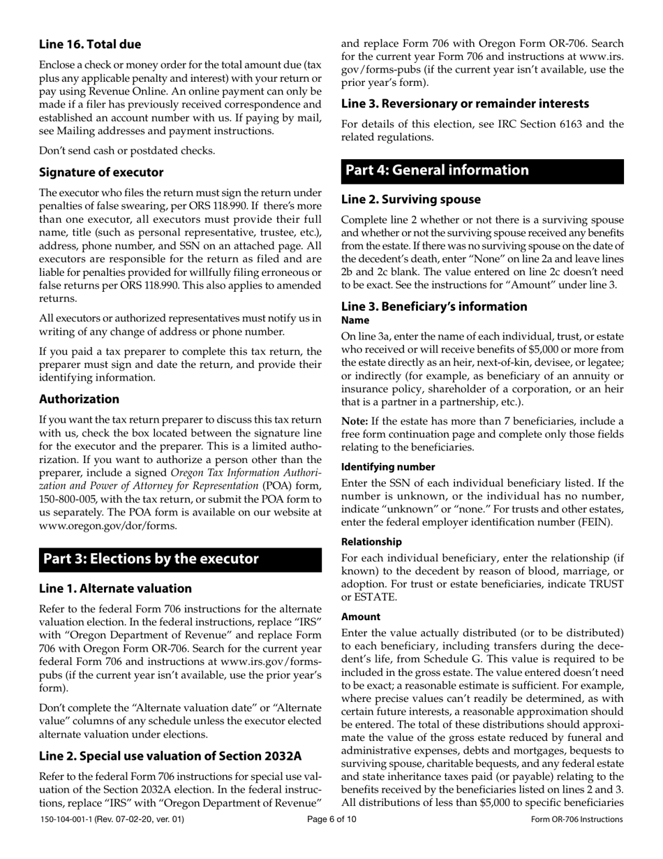 Instructions for Form OR-706, 150-104-001 Oregon Estate Transfer Tax Return - Oregon, Page 6