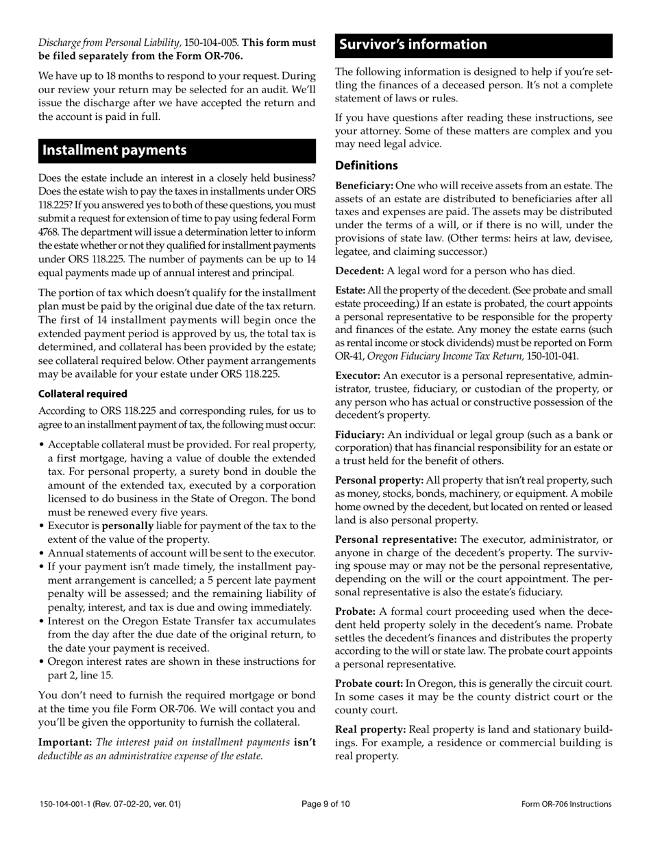 Instructions for Form OR-706, 150-104-001 Oregon Estate Transfer Tax Return - Oregon, Page 9