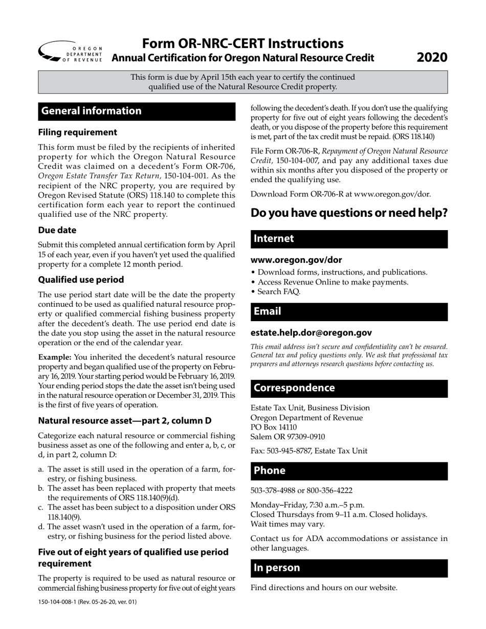 Instructions for Form OR-NRC-CERT, 150-104-008 Annual Certification for Oregon Natural Resource Credit - Oregon, Page 1