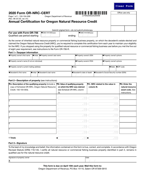 Form OR-NRC-CERT (150-104-008) 2020 Printable Pdf