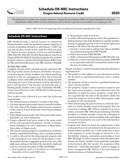 Form 150-104-003 Schedule OR-NRC 2020 Printable Pdf