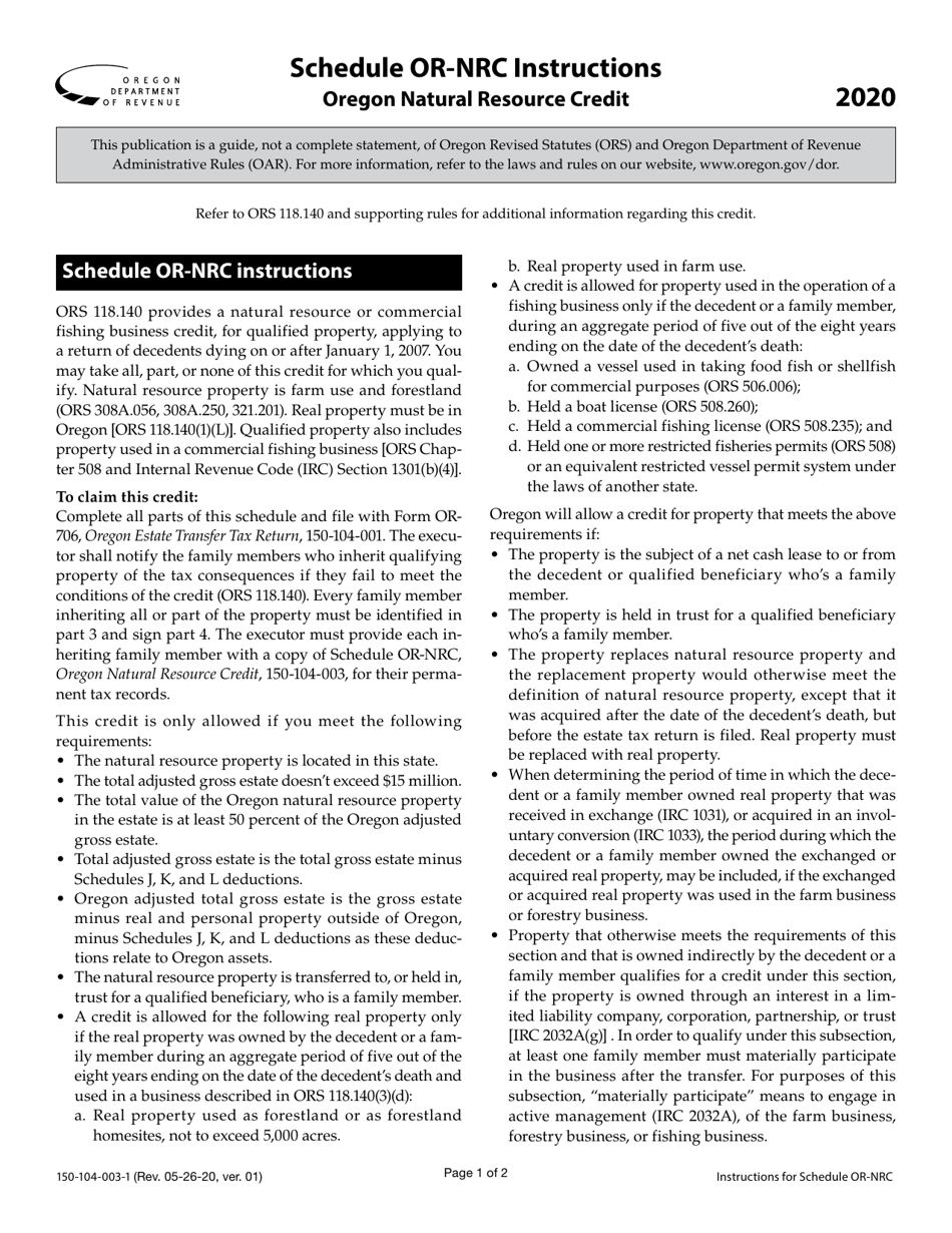 Instructions for Form 150-104-003 Schedule OR-NRC Oregon Natural Resource Credit - Oregon, Page 1