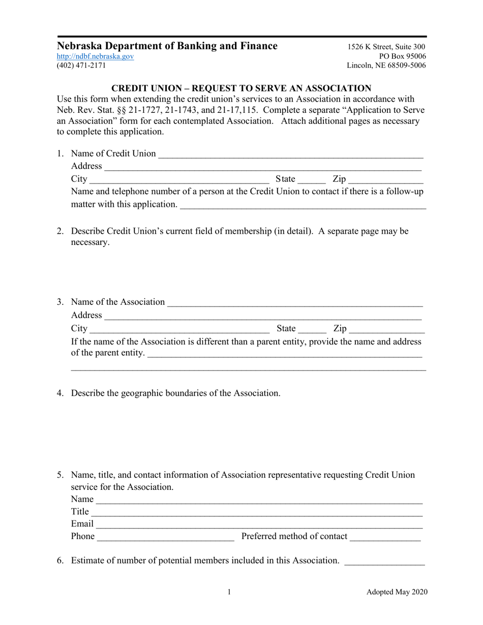 Credit Union - Request to Serve an Association - Nebraska, Page 1
