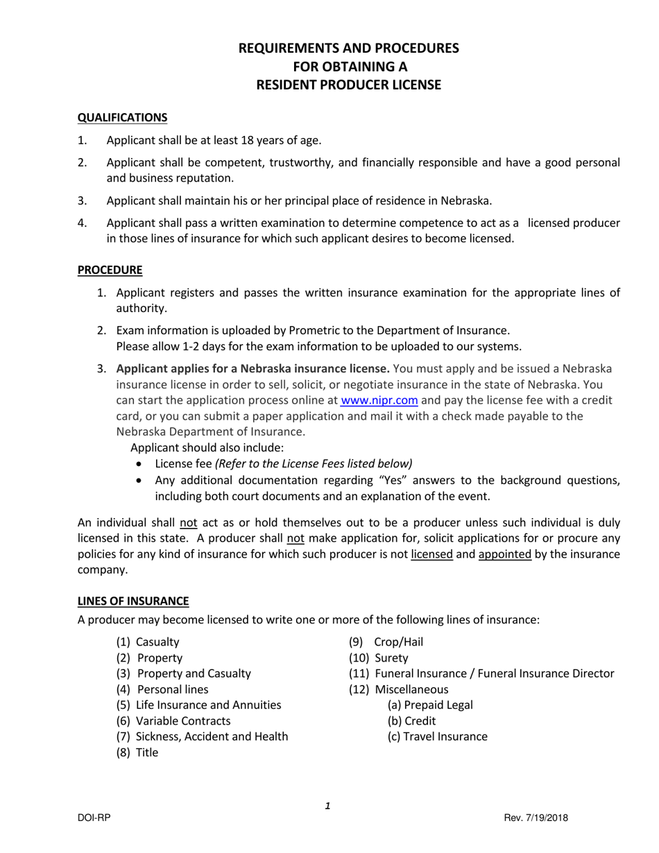 Uniform Application for Individual Producer License / Registration - Resident - Nebraska, Page 1