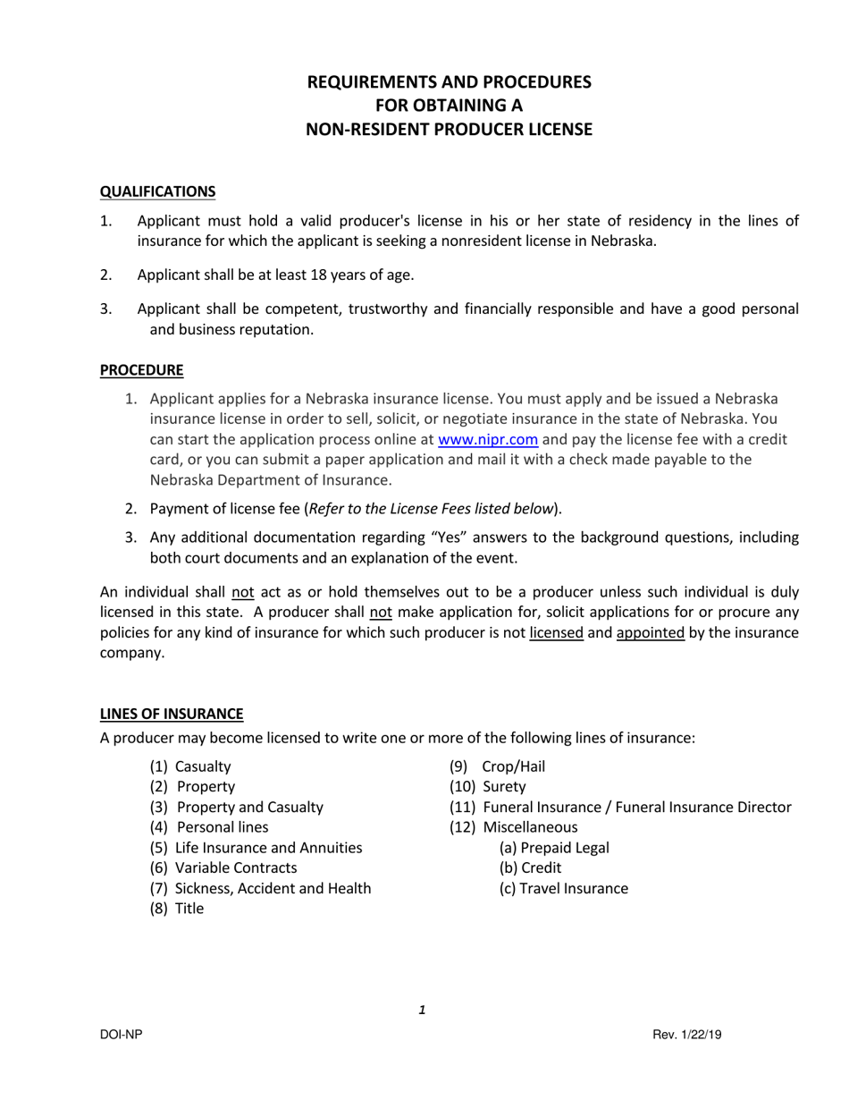 Uniform Application for Individual Producer License / Registration - Non-resident - Nebraska, Page 1