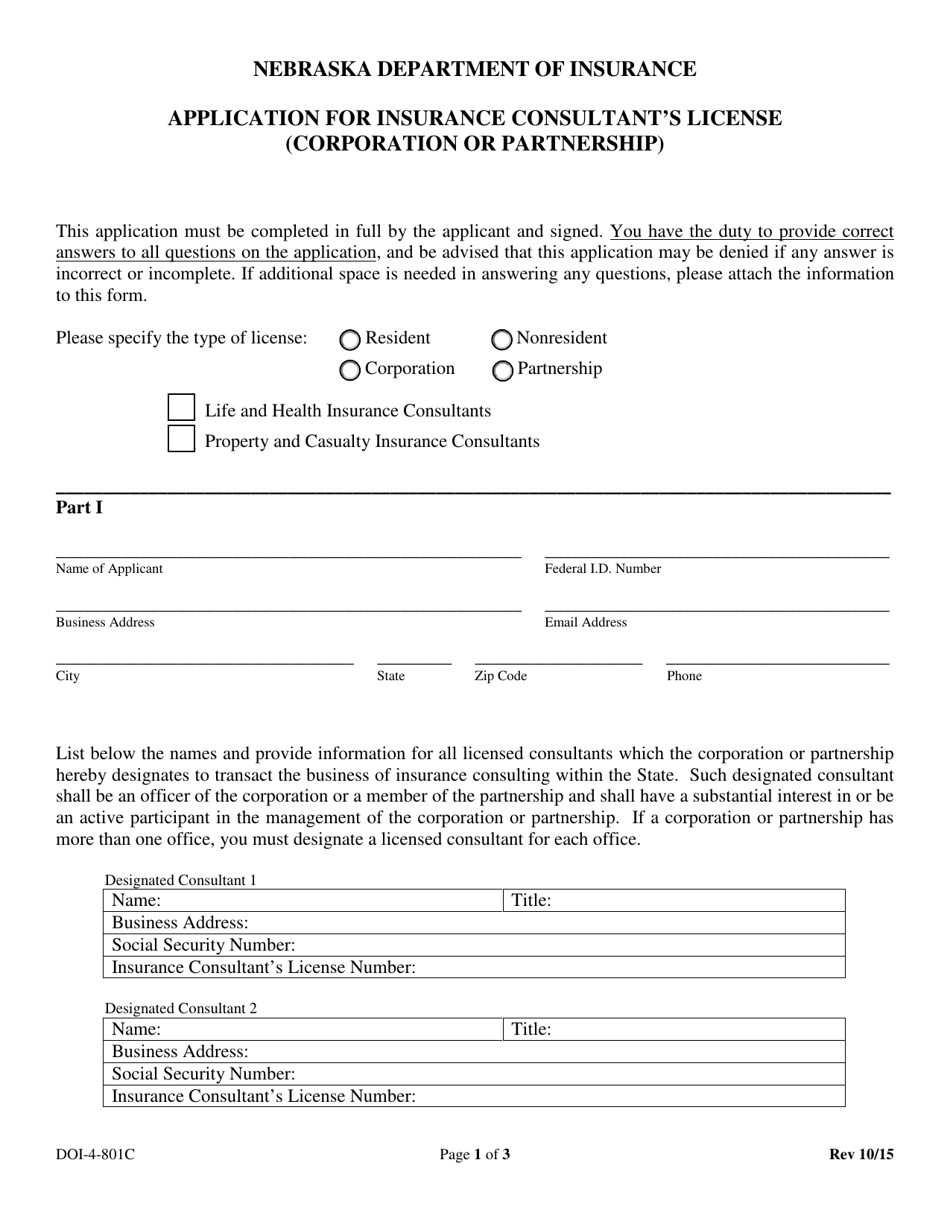 Form DOI-4-801C Application for Insurance Consultants License (Corporation or Partnership) - Nebraska, Page 3